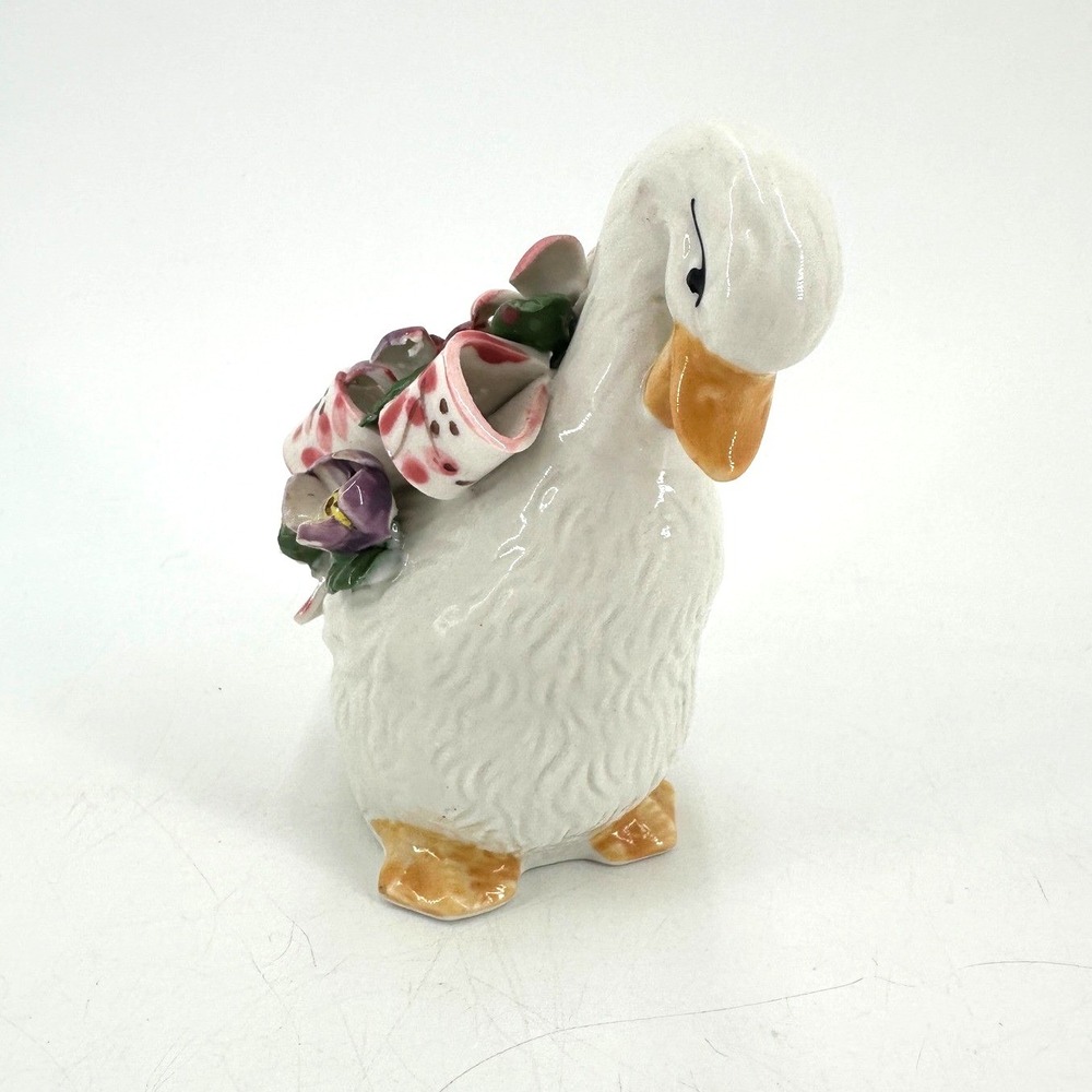 Vintage Style Ceramic Duck Figurine White Floral Ribbon Bow Hand Painted 5 Inch